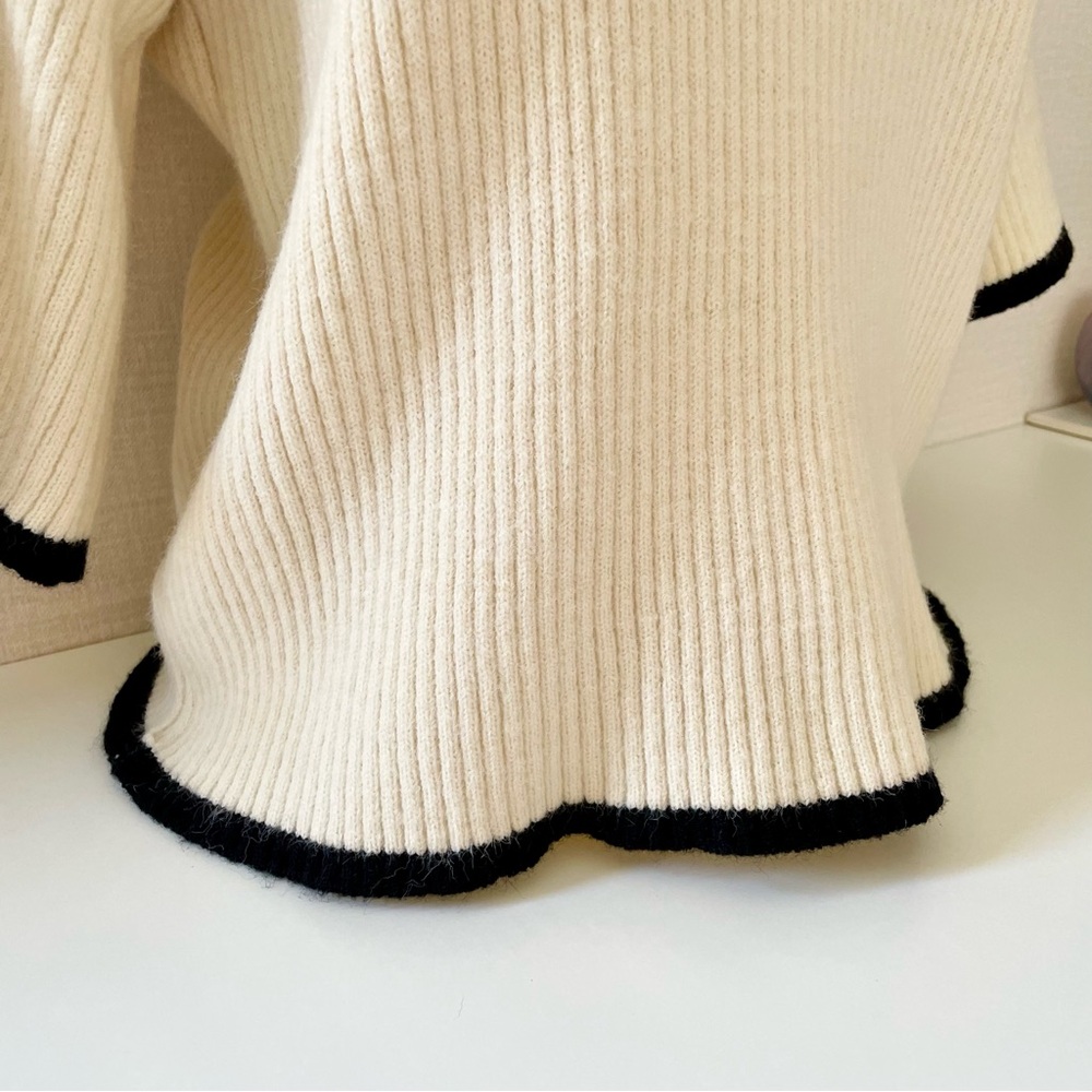 Jon & Anna Ribbed Boxy Sweater with Mock Neck, Cream with Black Trim, La… - Picture 4 of 9